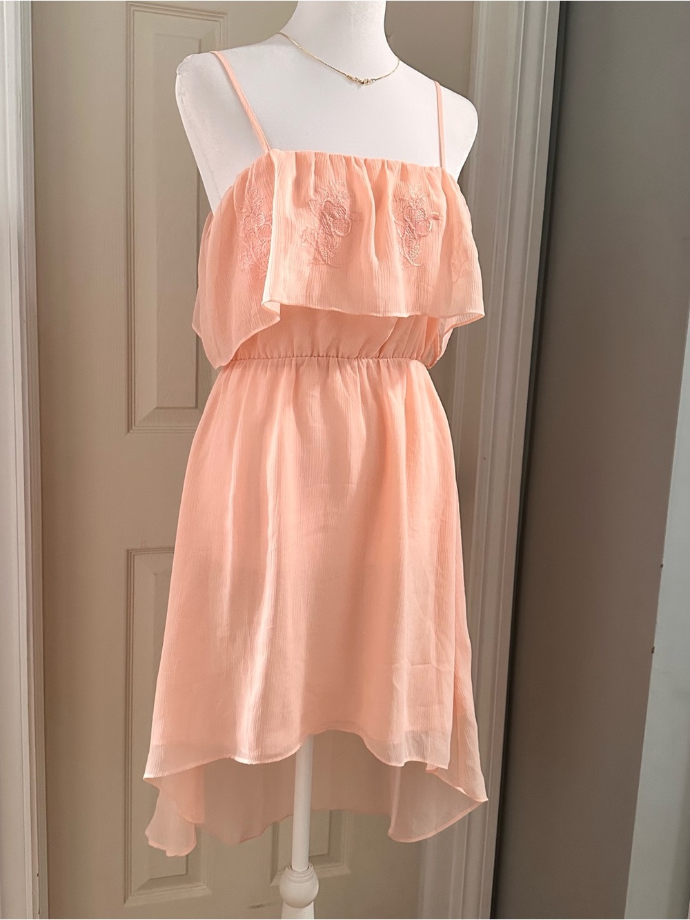 Forever 21 Peach Fairycore Spaghetti-Strap Ruffle Dress with Embroidered Bodice - Picture 3 of 6